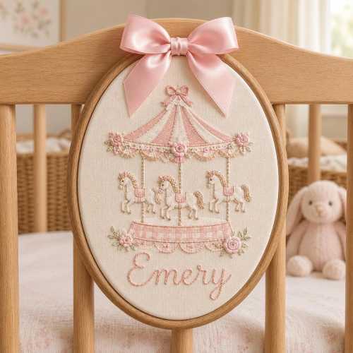 Personalized Carousel Embroidery Hoop, Custom Baby Name Nursery Wall Decor, Pink Bow Girl Room Sign, Baby Shower Gift