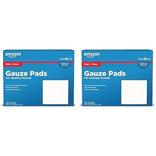 Amazon Basic Care Gauze Pads, 3x3 inches Sterile Medical Wound Dressing Sponges for Cleaning, Covering, & Cushioning Cuts & Minor Injuries, 50 Count (Previously All Health) (Pack of 2)