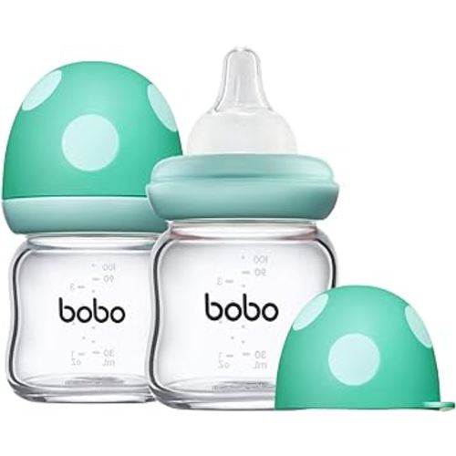 YOHKOH Natural Glass Baby Bottle with Natural Response Nipple, Newborn Anti-Colic Baby Bottles, Wide Neck Mushroom Cap Baby Bottle, Clear (3.4oz (Pack of 2), Blue)