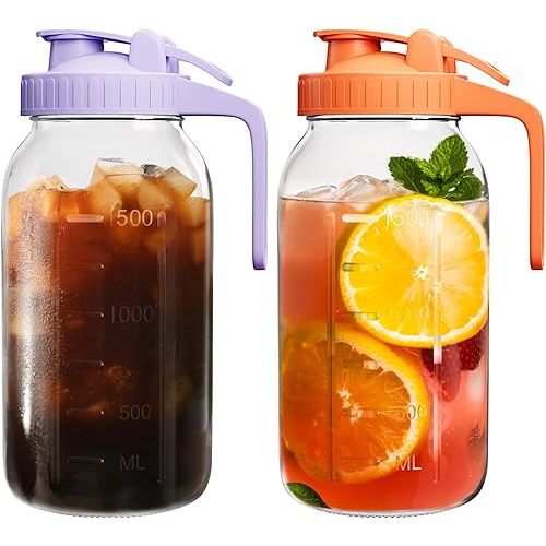 | 2 Pack | 64oz | Glass Mason Jar Pitcher with Lid and Spout, 2 Quart (1.9 Liter) Airtight Glass Water Jug Wide Mouth for Juice, Sun Tea, Iced Coffee, Milk Storage, Purple & Orange