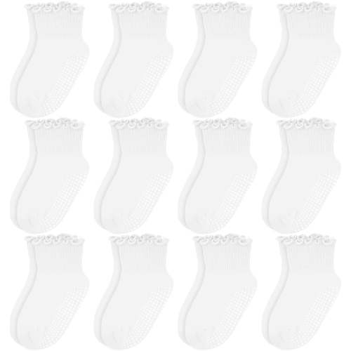 Bocaoying 12-Pack Non-Slip Toddler Socks Cotton Baby Crew Socks Ruffle Cuff White for 1T-3T