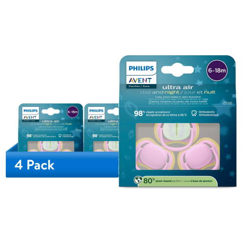 (4 pack) Philips Avent Ultra Air Pacifier 6-18M, Quiet Pink / Butterfly, Day+Night 3 Pack, SCF087/30