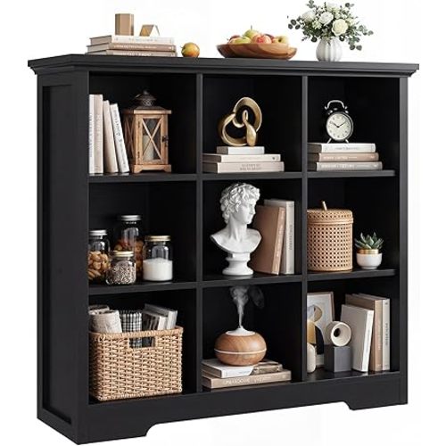 Aheaplus Wooden 9-Cube Storage Organizer with Charging Ports, Modern Cube Bookcase with Base, 4-Tier Floor Standing Open Cubbies Bookshelf, Cubicle Display Shelf for Home and Office, Black