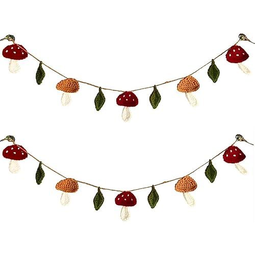 2Pack Handmade Crochet Mushroom Garland, 6ft Knitting Spring Bunting Floral Ornaments for Birthday Party, Bedroom, Fireplace, Home Wall Boho Décor