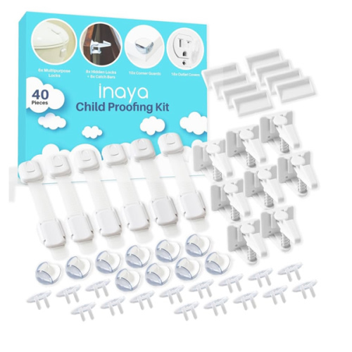 Inaya Complete Baby Proofing Kit - Child Safety Hidden Locks for Cabinets & Drawers, Adjustable Safety Latches, Corner Guards and Outlet Covers - Baby Proof Pack to Keep Your Child Safe at Home