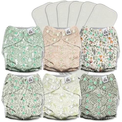 Mama Koala 3.0 Cloth Diapers for Babies with AWJ Lining, 6 Pack with 6 5-Layer Natural Cloth Diaper Inserts - Reusable and Washable Pocket Diapers(A-Spring Sprouts)