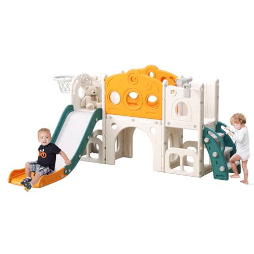 CuFun 8 in 1 Toddler Slide, Outdoor Indoor Playset for Kids Baby Age 1-3, Childs Climber Slide with Storage Space and Non-Slip Steps, Basketball Hoopa and Telescope, Yellow & Green