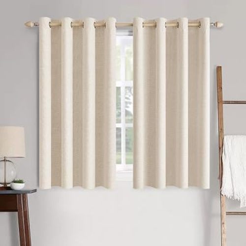 MIULEE 100% Blackout Linen Textured Curtains for Bedroom Solid Thermal Insulated Cream Beige Grommet Room Darkening Curtains & Drapes Luxury Decor for Living Room 52 x 54 Inch (2 Panels)