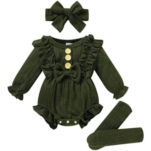 GRNSHTS Newborn Baby Girl Clothes Ruffle Solid Sweater Long Sleeve Romper+Hairband+Socks 3Pcs Fall Winter Outfits