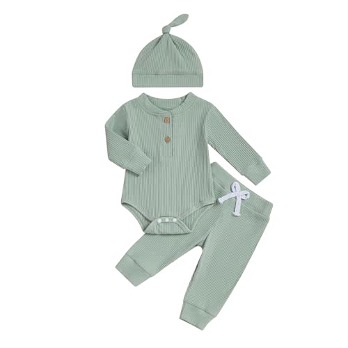 Newborn Baby Boy Clothes Long Sleeve Ribbed Bodysuit Pants Hat 3-Piece Outfit Set