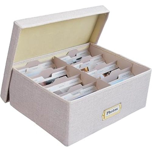 Linen Photo Storage Box – Holds 1700 Photos, 24 Adjustable Dividers & 72 Labels Multi-Use Organizer for Photos, Envelopes, Recipes Beige