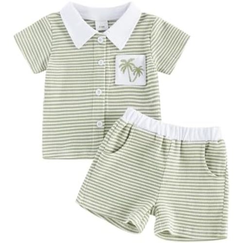 fhutpw Baby Toddler Boy Clothes Striped Button Down Shirt Tops + Elastic Waist Shorts Infant Boys Summer Outfits 2PCS Sets