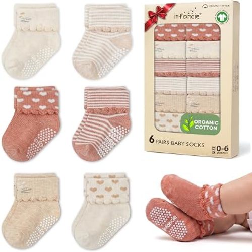 GOTS Organic Cotton Blend Infant, 6 Pairs Socks 0-6 M Boys Non Slip Gift