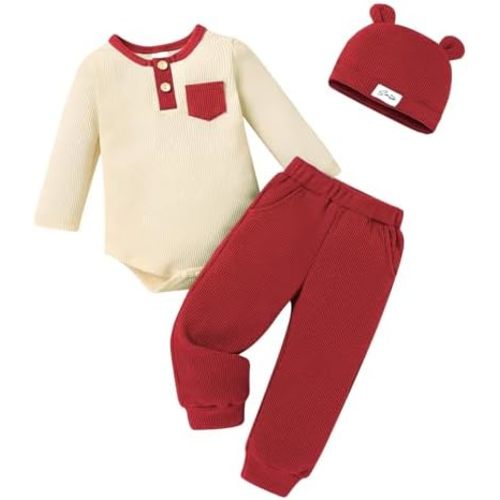 Happy Town Newborn Baby Boy Clothes Waffle Knit Long Sleeve Romper Solid Color Pants Set with Hat Infant Fall Winter Outfit