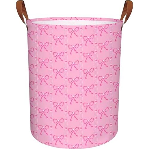 MYFLCOY Cute Bow Laundry Basket Collapsible Canvas Baby Nursery Gift hamper Teen Girls Coquette Bedroom Decor (Pink)