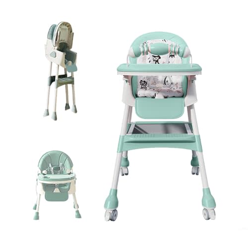 Foldable 4-in-1 Baby High Chair for Babies & Toddlers, High Chair with Detachable PU Cushion, Removable Tray, Adjustable Height, Locking Wheels,Mint Green