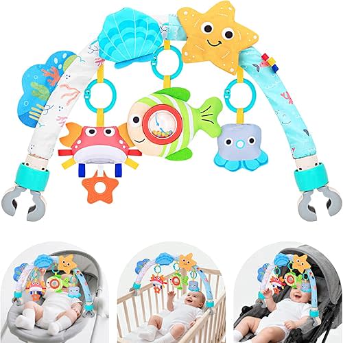 Baby Activity Arch Toy for Stroller/Crib/Car Seat - Adjustable Hanging Arch Bassinet Toys Sensory Toys - Crinkle/Rattle/Teether for 0-12 Months Infant Motor Skills Developmental Play (Ocean