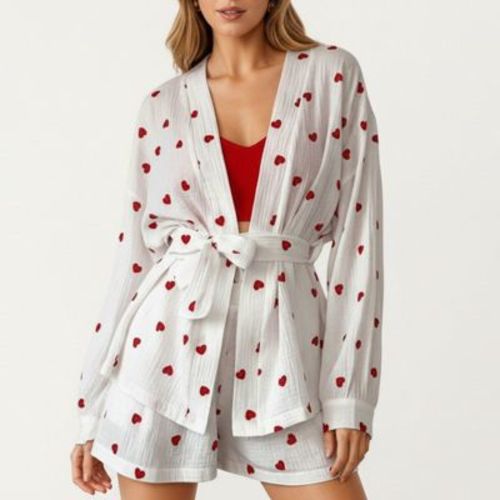 Anna-Kaci Lounge Women's Heart Print 2-Piece Pajama Set with Long Sleeve Tie-Waist Robe and Relaxed Fit Shorts