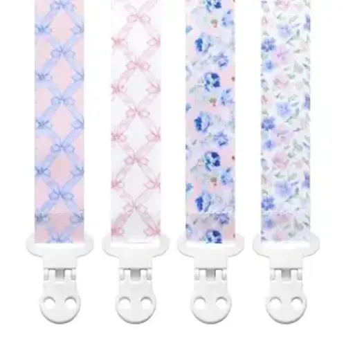 Stadela Baby Pacifier Clip Holder - Girl 4 Pack Gift Set – Vintage Floral French Granmillenial Ribbons Bows and Flowers in Pink and Blue
