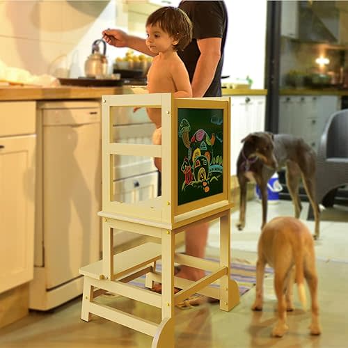 Toddler Kitchen Stool Helper, Kitchen Step Stool for Kids with Chalkboard Safety Rail for Toddlers 18 Months and Olde