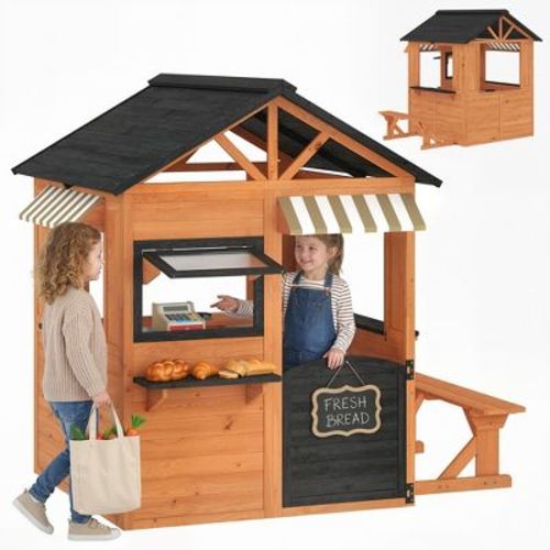 Qaba Outdoor Playhouse, Wooden Kids Playhouse with Play Kitchen, Picnic Bench, Serving Station, Windows and Door for Backyard, Ages 3–8, Brown