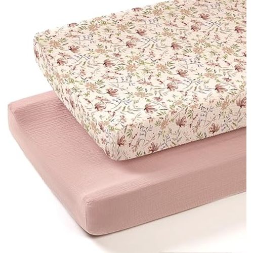 lulumoon Muslin Changing Pad Cover: 2-Pack Soft Breathable Cotton Boho Floral Print for Baby Girls - Nursery & Baby Shower
