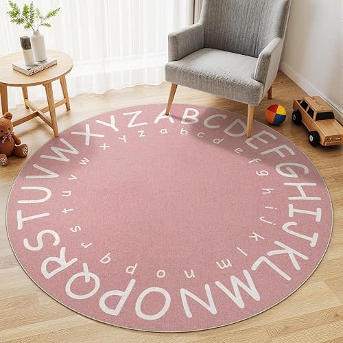 Pink ABC Kids Alphabet 4ft Round Rug Washable Soft Circle Nursery Rug