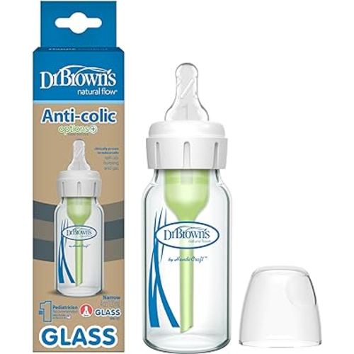 Amazon.com : Dr. Brown's Natural Flow Anti-Colic Options+ Narrow Glass Baby Bottle, 4 oz/120 mL, with Level 1 Slow Flow Nipple, 1 Pack, 0m+ : Baby