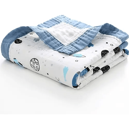 Jay & Ava Soft Cotton Muslin Blanket, 42' x 42', 4 Layers, Toddler & Baby Crib Blanket - Blue Star Space