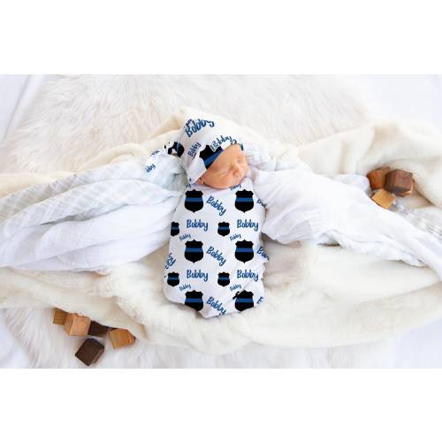 Police Swaddle Set, Police Swaddle Blanket, Personalized Baby Blanket, Police Nursery Theme, Newborn Blanket, Police Baby Blanket B17