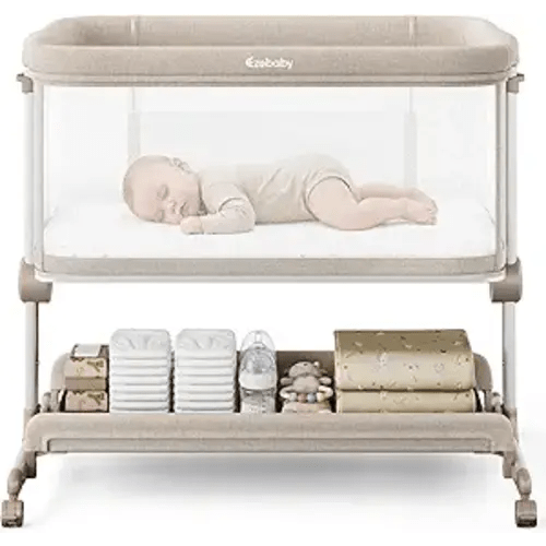 Ezebaby Baby Bassinets Bedside Sleeper, Portable Bedside Bassinet for Baby Newborn Infants with Adjustable 7 Heights and All Mesh Sides, Newborn Crib with Mattress and Soft, Breathable Sheet