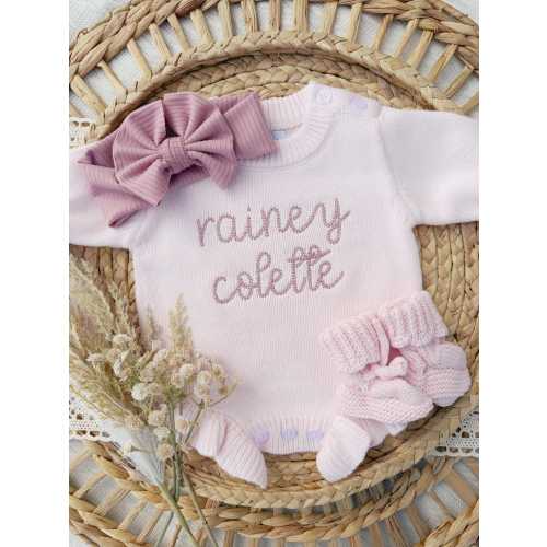 Personalized newborn pink knit ruffle sweater baby outfit, Custom cotton knitted baby bodysuit, Valentines day girl ourfit