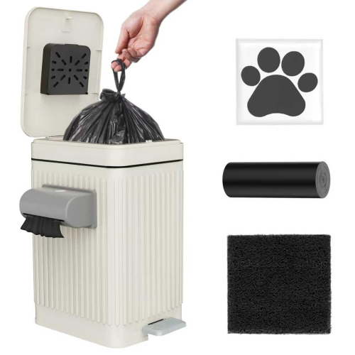 Dog Poop Trash Can for Outside & Indoor, 5L/1.3Gal Small Odor Control Pet Waste Bin with Carbon Filter, 2-Way Open (Step & Press Top), Dog Waste Container with Trash Bag Holder, White