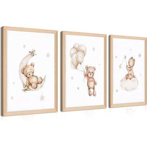 Framed Teddy Bear Wall Art Nursery Decor Set of 3, Bear Sleeping on The Moon and Stars Pictures Canvas, Neutral Bears Poster Prints Wall Decor for Kids Baby Room Girls Children Room – 12x16 inch