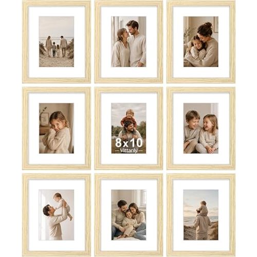Vittanly 8x10 Picture Frames Set of 9 for Wall or Tabletop Display, OAK