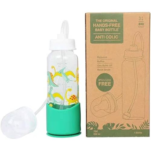 Hands-Free Baby Bottle - Anti-Colic Nursing System 7 oz Glass Baby Bottle with Fast Flow Nipple/Teat 3m+ with Tube Straw Feeding System for Toddler (1 Bottle - Dinosaur)