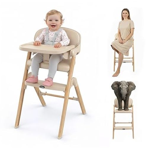 Babilous High Chair, Foldable High Chairs for Babies and Toddlers Ultra Safe for Infant or Adults Up to 150 Lbs, Easy Clean, Removable Tray/Adjustable Footrest for Baby Feeding HighChair, Cream