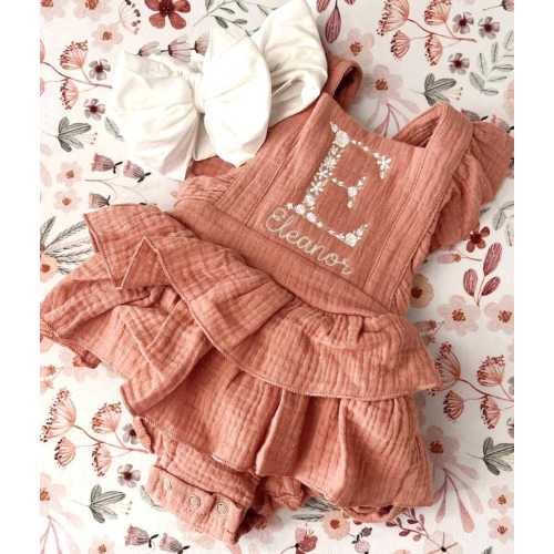 Floral Initial Embroidered Baby Romper: Personalized Ruffle Dress
