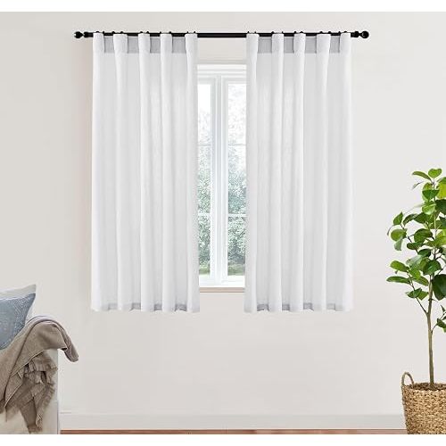 XTMYI 54 Inch Length White Short Curtains for Windows Living Room,Semi Sheer Linen Cotton Curtains for Bathroom Window Bedroom,54 in Long