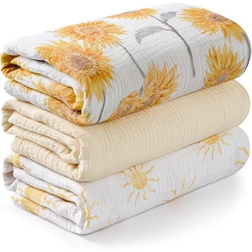 Muslin Swaddle Blankets for Newborn, 3 Pack Breathable Soft Receiving Blanket, Large 38 x 40 inches Swaddle Wrap Burping Clothes, Essentials Infant Shower Items, Toddler Gift (Sunflower, 3 Pack)