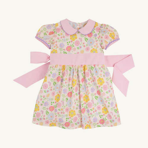 Cindy Lou Sash Dress - Boca Grande Begonia with Hamptons Hot Pink Pique Stripe