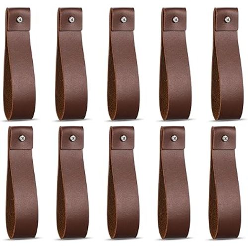 10pcs PU Leather Straps for Hanging Wall Hooks 1 x 4.7 Inches Curtain Rod Holder Leather Wall Hanging Strap with Screws Leathers Hook Lanyard for Bathroom Kitchen Walls Mounted Loop Towel Hook (Brown)
