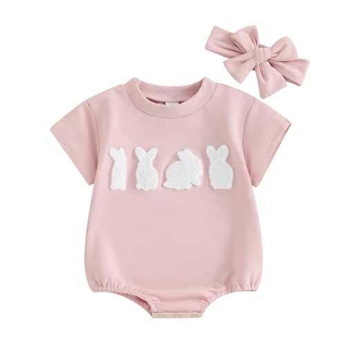 FYBITBO Newborn Baby Girl Easter Outfit Bunny Romper Short Sleeve Bodysuit Jumpsuit Headband Infant My First Easter Clothes