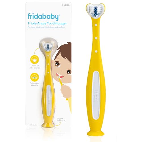 Frida Baby Triple-Angle Toothhugger: Toddler Training Toothbrush, Toddler Toothbrush 2 Years and Up, Cleans All Sides at Once, Toddler Stocking Stuffers - Yellow