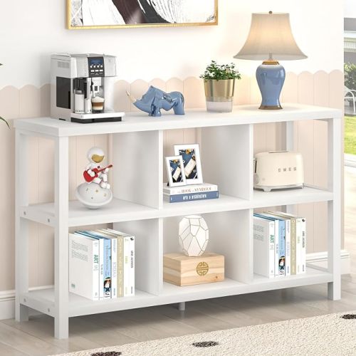 Horizontal Bookshelf, 6 Cube Storage Organizer with Shelf, Modern Wood and Metal Cubby Bookcase for Bedroom Living Room, White Oak, 47 Inch