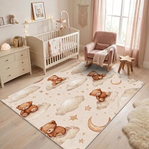 Teddy Bear Rugs for Bedroom Kids Rug, Washable 4x5 Rug for Living Room, Moon Star Cartoon Patterned Indoor Carpet, Teddy Bear Decor for Home, Bedroom, Soft Non Slip Thin Design GER65