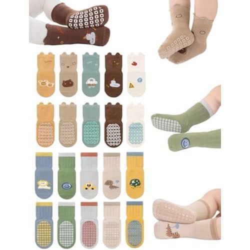 Toddler Non-Skid Socks with Grips Baby Girls Boys Anti-Slip Crew Cartoon Socks for Infants 10 Pairs