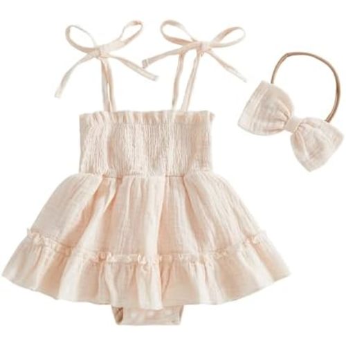 Kavousa Newborn Baby Girl Clothes Summer Smocked Romper Short Sleeve Jumpsuit And Headband Outfit Cute Infant Clothing