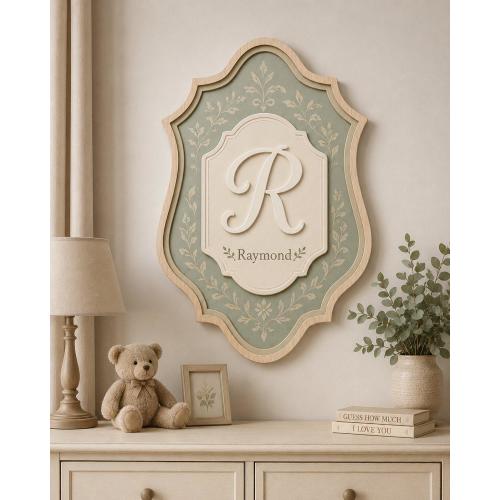 Personalized Initial Letter Sign - Custom Monogram Shelf Decor, Vintage Style Wood Crest for Nursery & Kids Room - Unique Baby Shower Gift