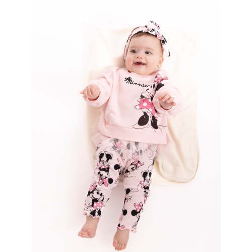 Disney Minnie Mouse Baby Girls Graphic Tulle Sweatshirt and Printed Leggings with Bow Headband Set, 3-Piece, Sizes 0/3M-24M